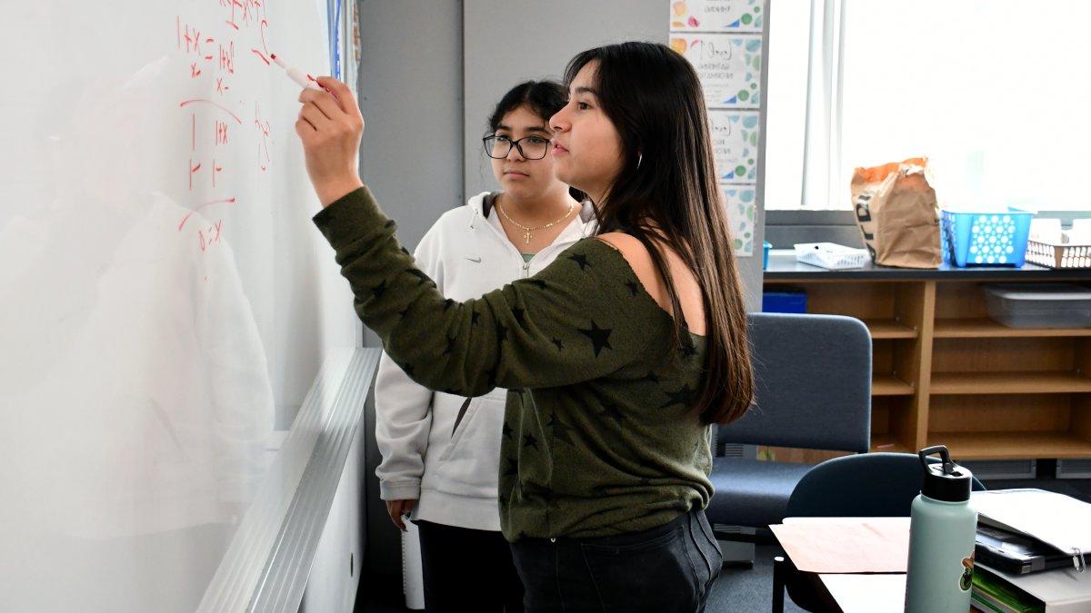 two students writing on whiteboard